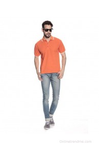 Leana Orange Cotton Color Blocks Half Sleeves Men Polo T-shirt